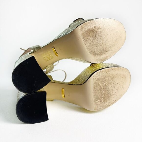 GUCCI Marmont Gold Platform Heel Sandals 39.5 Metallic Leather Block Ankle Strap - Picture 10 of 12